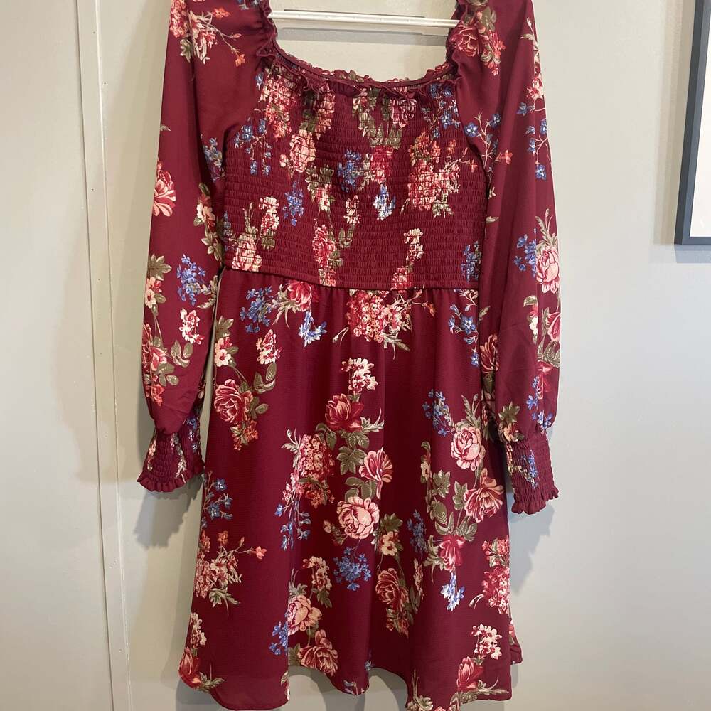 Xhilaration Burgundy Floral Smocked Long Sleeve Square Neck Mini Dress